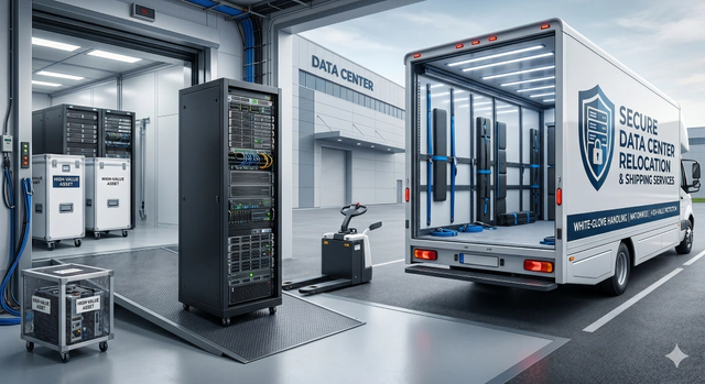 Server racks and transport equipment inside a data center.
