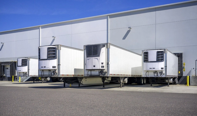 White freight trailers parked outside a distribution center.