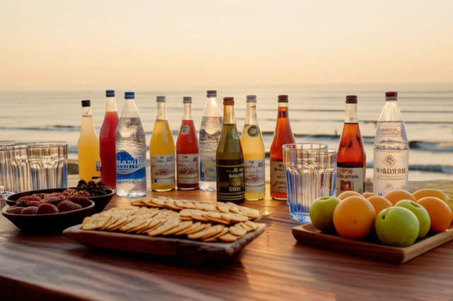 Bottled drinks, fruit, and packaged foods arranged on a table.