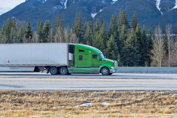 A green tractor-trailer traveling along a tree-lined highway.