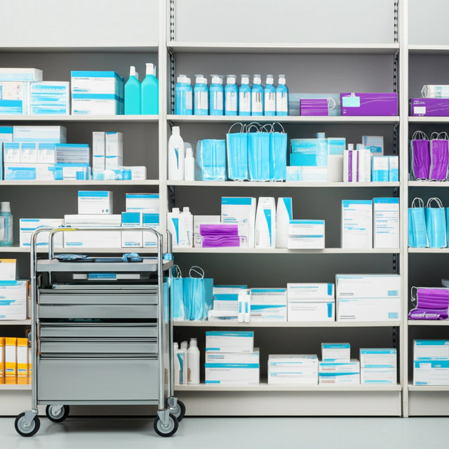 Medical supplies on shelves beside a rolling supply cart.
