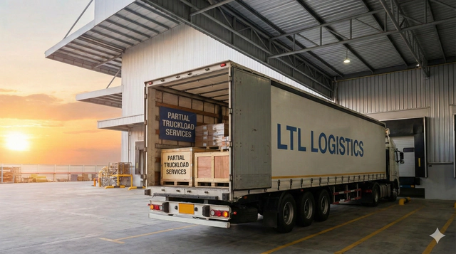 A less-than-truckload trailer backed up to a warehouse loading dock.
